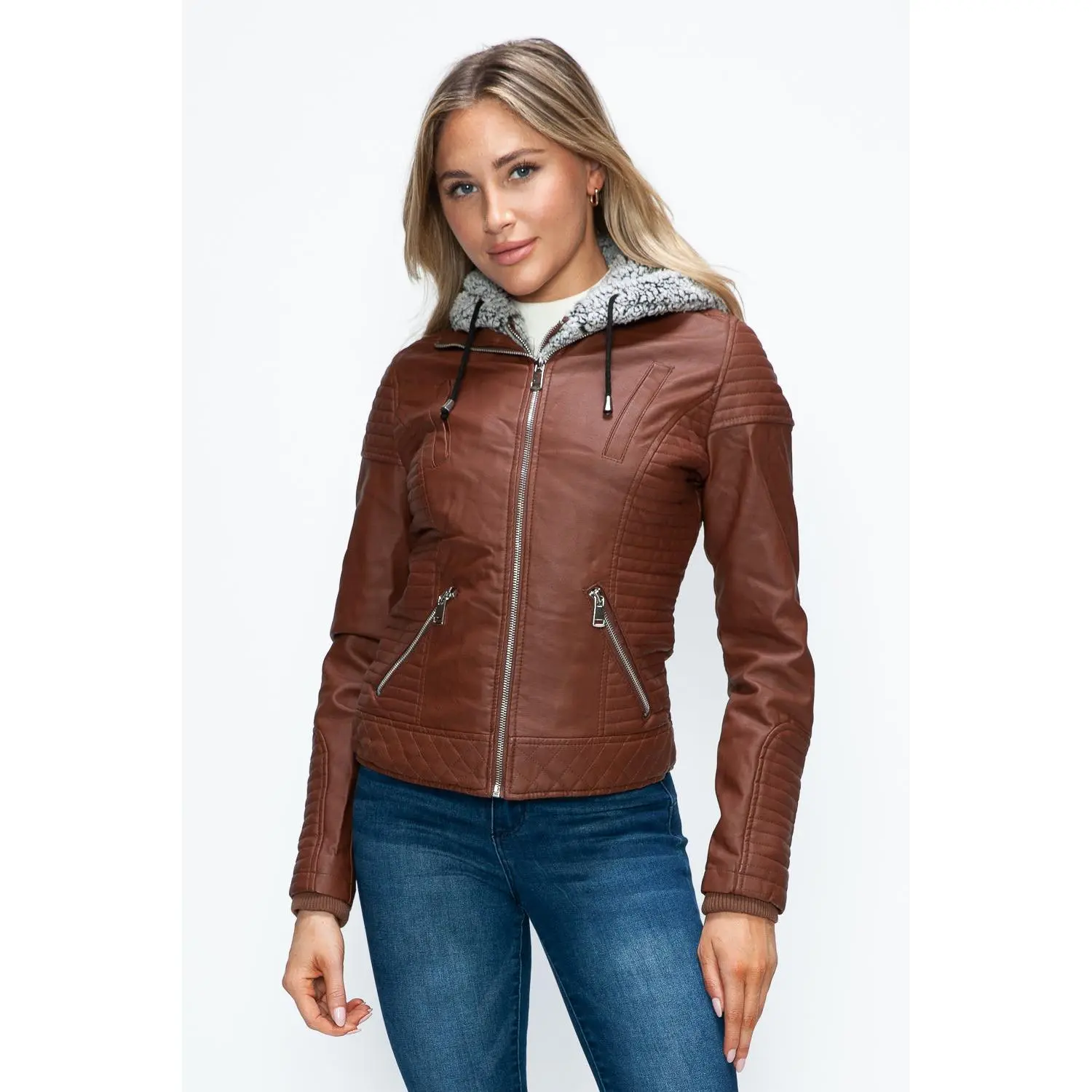 YMI Faux Layered Double-Zipper Jacket with Fuzzy Hood - TikTok Shop