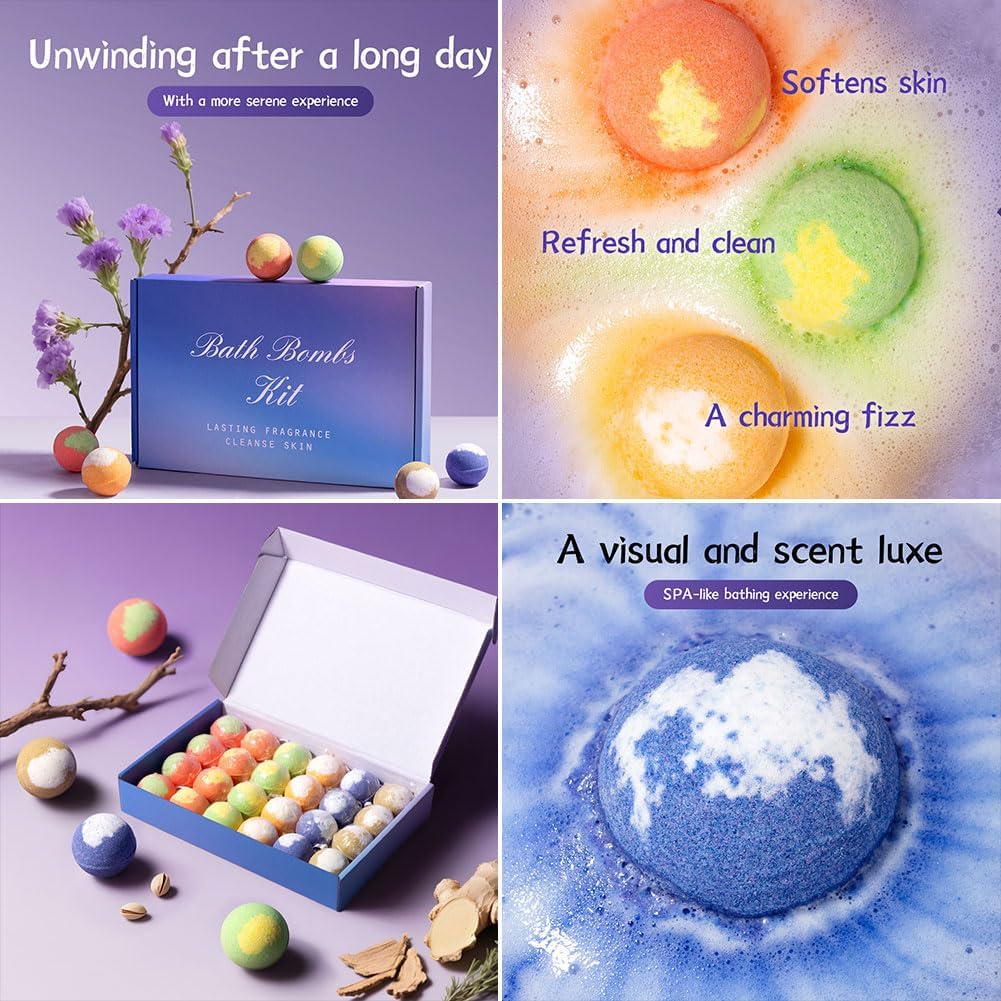 Bath Bombs for Kids and Women, 24 Natural Handmade Bath Bomb Gift Set, Bubble Bath Bombs - Perfect Self Care Relaxing Spa Gifts for Women