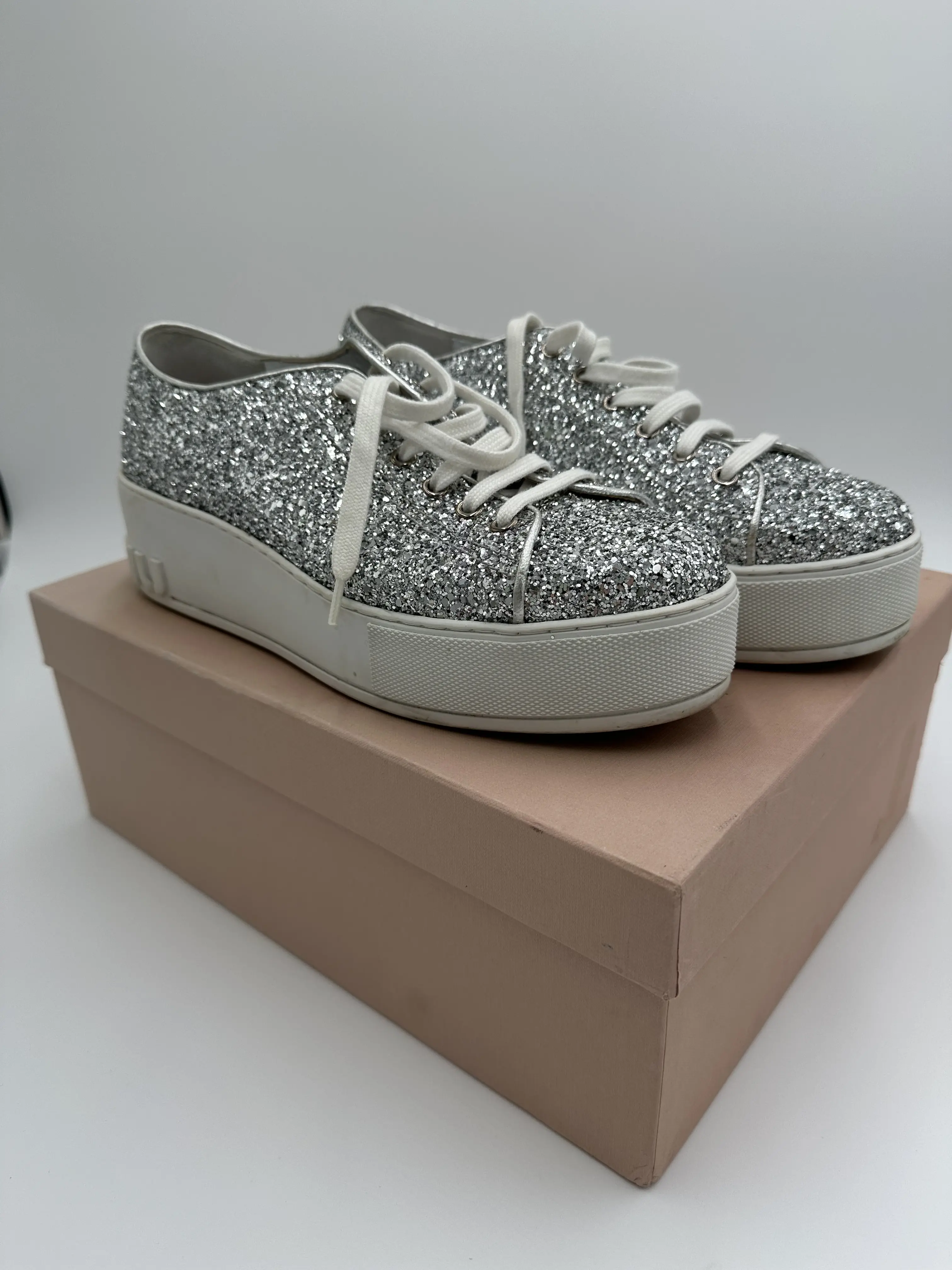 Miu Miu Silver Glitter Platform Sneakers, Casual, Women, Vintage, Textured
