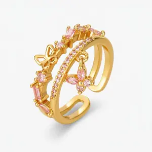 MIULUNA Adjustable Butterfly Ring for Women Dainty Double Layer Open Ring Sparkling Pink Crystal Jewelry Gift Fashion Accessory Mother's Day Gifts