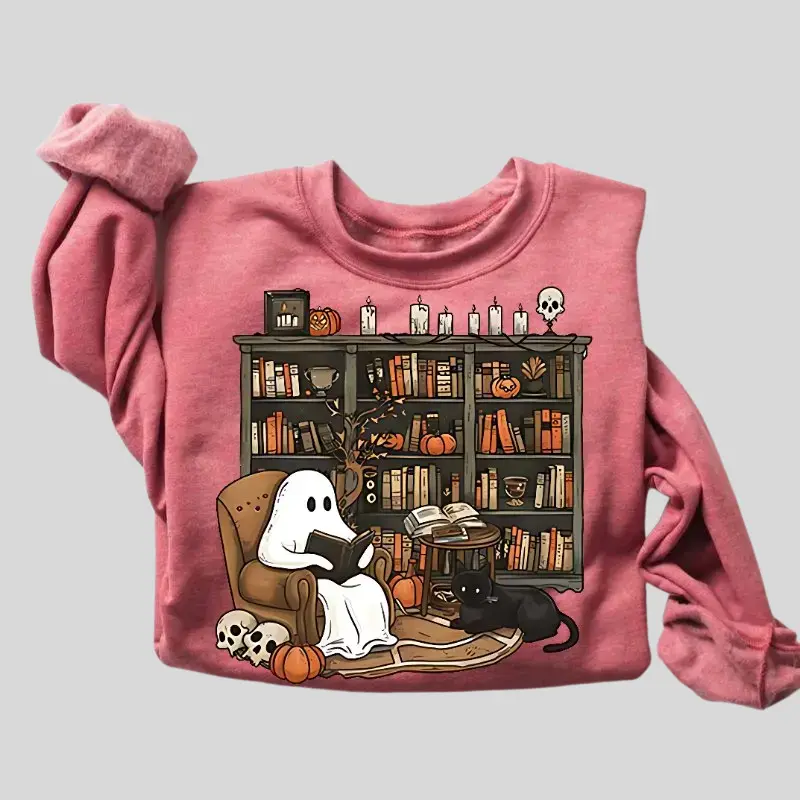 Retro Ghost Reading Books Sweatshirt, Halloween Teacher Crewneck, Book Lover Ghost Pullover, Spooky Reading Gift, Holiday Threads US