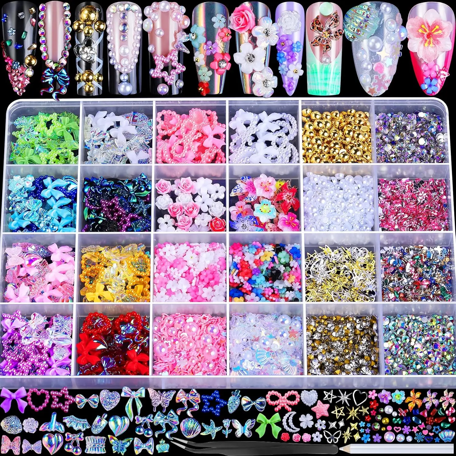 Bedazzled kit 24 Grid Nail Charms, Nail Art Kit with Multi Shapes Nail Charms and Gems, Flatback AB Nail Rhinestones Gold Nail Pearls, Charms Y2K for Nails, 3D Hawaii Flowers Nail Jewels for Nail Design