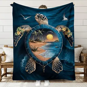 Cozy Nautical-Themed Flannel Blanket with Turtle & Beach Scene - Soft, High-Definition Print, 100% Polyester, All-Season Use, Perfect Gift for Family & Friends, Machine Washable, Beach Theme Decor