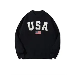 Men’s & Women’s Casual Loose-Fit Long-Sleeve Knitted Pullover Sweater, American Flag Letter Print, Fall/Winter Warm Clothing, Knitwear