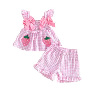 Infant Toddler Girl Summer 2-Piece Casual Gingham Set, Strawberry Embroidery Tank Top with Bow Ruffles and Shorts - Baby Girls Clothing