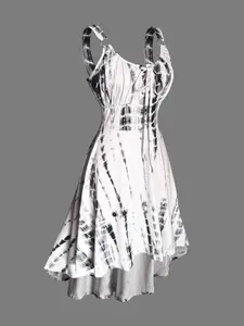 Women's Casual Sleeveless Print Tie Dye Dress, Gradient Striped A-Line Dress, Perfect for Vacation, Home and Summer, Front Short Back Long Hem, Slimming Fit