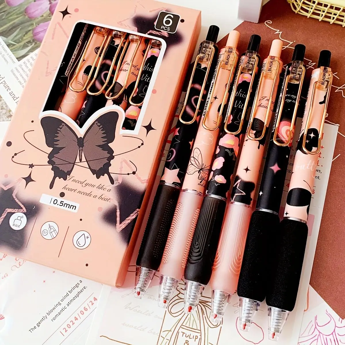 Butterfly Pattern Gel Pen Set, 6/12pcs Quick-dry Medium Point Gel Pen, Gift-ready & Comfort-writing Stationery for Office School Students, Smooth Writ