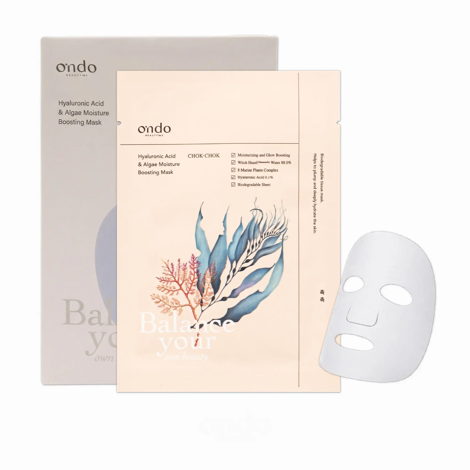 ONDO Beauty 36.5 Hyaluronic Acid & Algae Moisture Boosting Mask | Hydrate & Strengthen Skin Barrier (5 sheets)