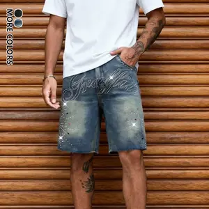 Men’s street-style casual denim bermuda shorts, men’s fashion rhinestone denim shorts, summer trendy versatile athletic shorts