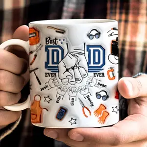 [MADE IN US] Personalized Father’s Day Mug 2D Printed 3D Effect Fist Bump Coffee Cup with Dad’s Tools, Custom Kids Names Gift for Dad Grandpa, Durable Ceramic Mug for Father, Birthday Appreciation Gift Idea from Son Daughter Family