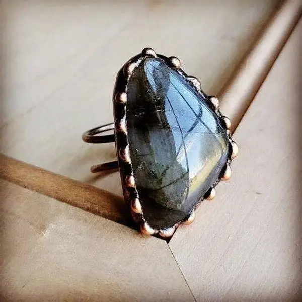 The Midnight Mesa Genuine Labradorite Ring in Antique Copper Setting