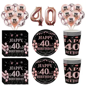 40th birthday Party plate cup napkin tablecloth number balloon decoration women 40 Years Birthday Party decoration digit Balloon