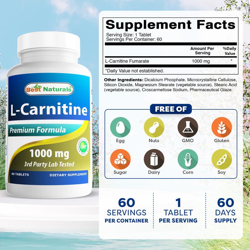 Best Naturals L-Carnitine 1000 mg 60 Tablets - Pure Tartrate Form for Cellular Energy & Fitness Support - GMP Certified Dietary Supplement