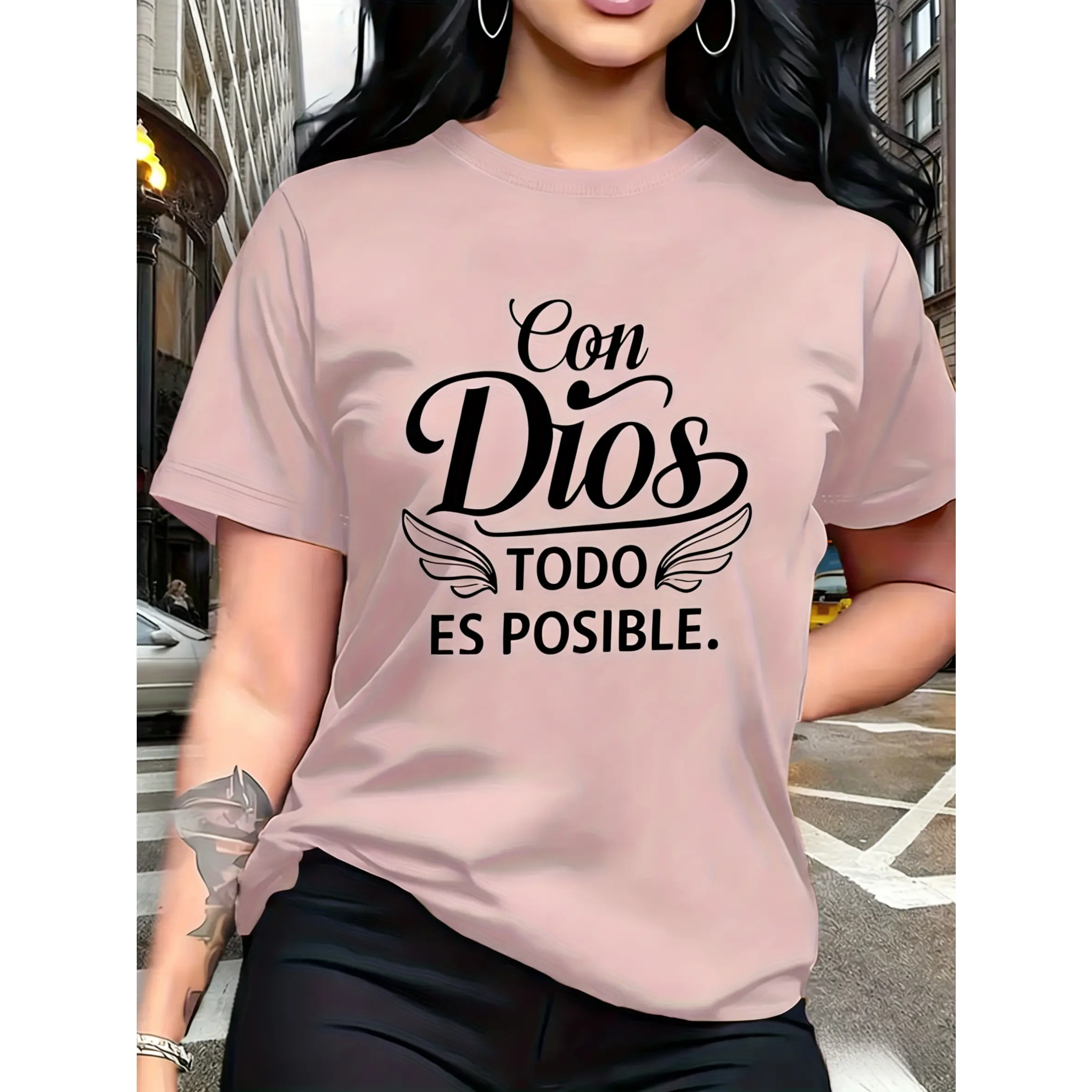 Women's Cotton T-Shirt - Bestselling, Smooth, Basic Oversized Fit, Inspirational Religious Phrase "With God All Things Are Possible", Trendy Round Neck, Shortsleeve, Loose Casual Everyday Wear for Spring Summer