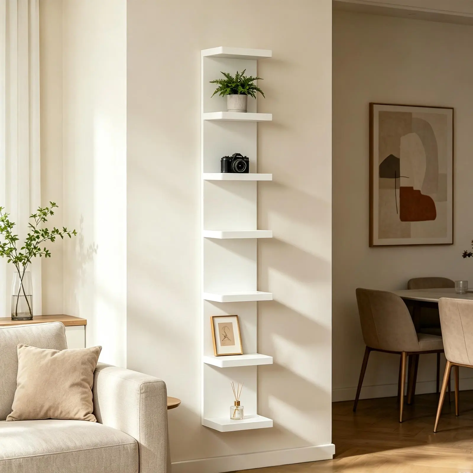 White 7-Tier Floating Plastic Shelf - Freestanding Wall-Mounted Decor, Easy-to-Assemble Space Saver Organizer, Shelves for Bedroom Home Supplies