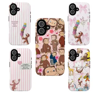 Cute Monkey Tough Phone Case, Pink Aesthetic Cartoon Design, Curious Georgee Protective Cover, Gift for Her for Him,phone Case Suitable for Iphone 11/12/13/14/15/16/17 Pro Promax Plus Air and Samsung S22/S23/S24/S25 Plus Ultra Fe