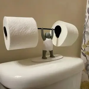 Fun Weightlifter-Themed Toilet Paper Holder, Tissue Holder — Crafted from unique 3D-printed plastic, this drill-free holder stands independently atop the toilet tank, making it a perfect decorative accent for both bathrooms and kitchens.