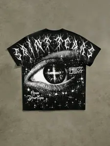 Back Full Print T-Shirt, Saint Tears Eye Cross Pattern, Gothic Street Style, Short Sleeve, 'open Your Eyes' Letter Print, Casual Top