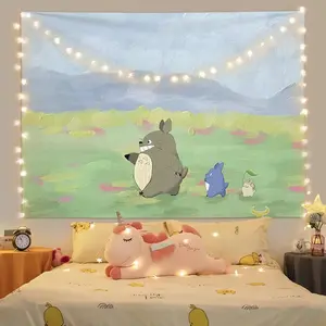My Neighbor Totoro Grassland Oil Painting Tapestry, Studio Ghibli Inspired Design, Soft Fabric Easy to Hang, Perfect for Whimsical Bedroom Décor