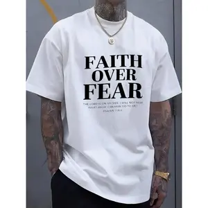 Men's "Faith Over Fear" Christian Psalm 118:6 Graphic T-Shirt Crew Neck Short Sleeve White Casual Tee TikTok Viral