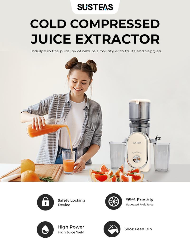 SUSTEAS Cold Press Juicer Large Inlet 5.3" Feed Chute Slow Masticator High Yield 98% Juice Extractor Easy Clean Portable Blender for Whole Fruit Juicing