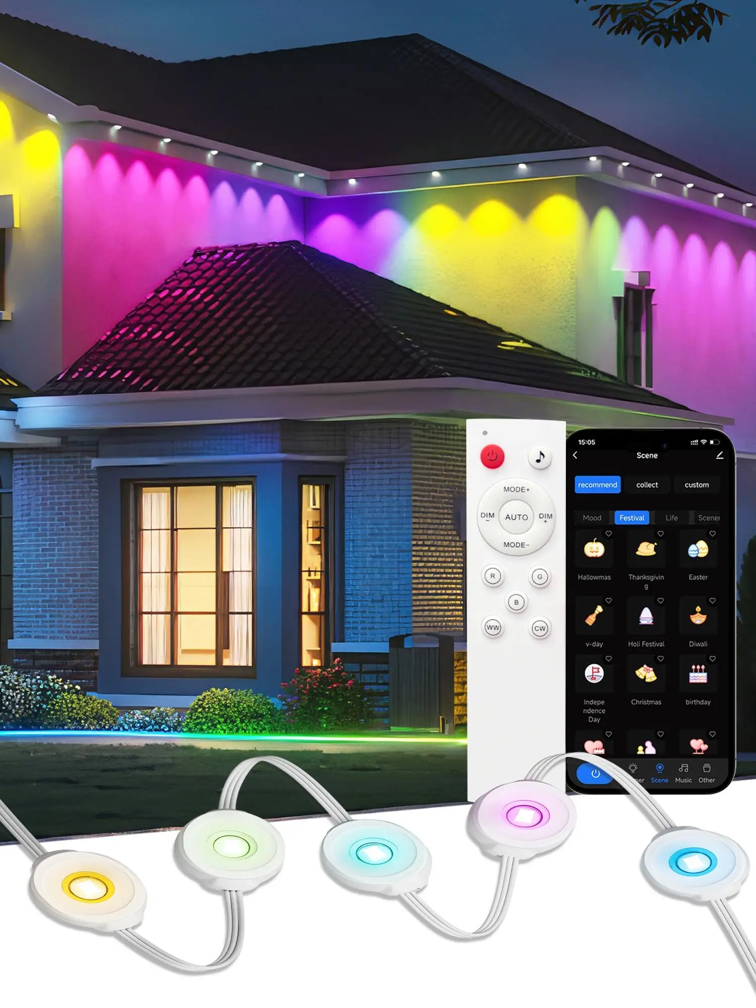Partphoner Permanent Outdoor Lights, Smart RGBW Outdoor Lights with 16 MIllion Colors, IP67 Waterproof, for Decorations, APP/Voice/Remote Control