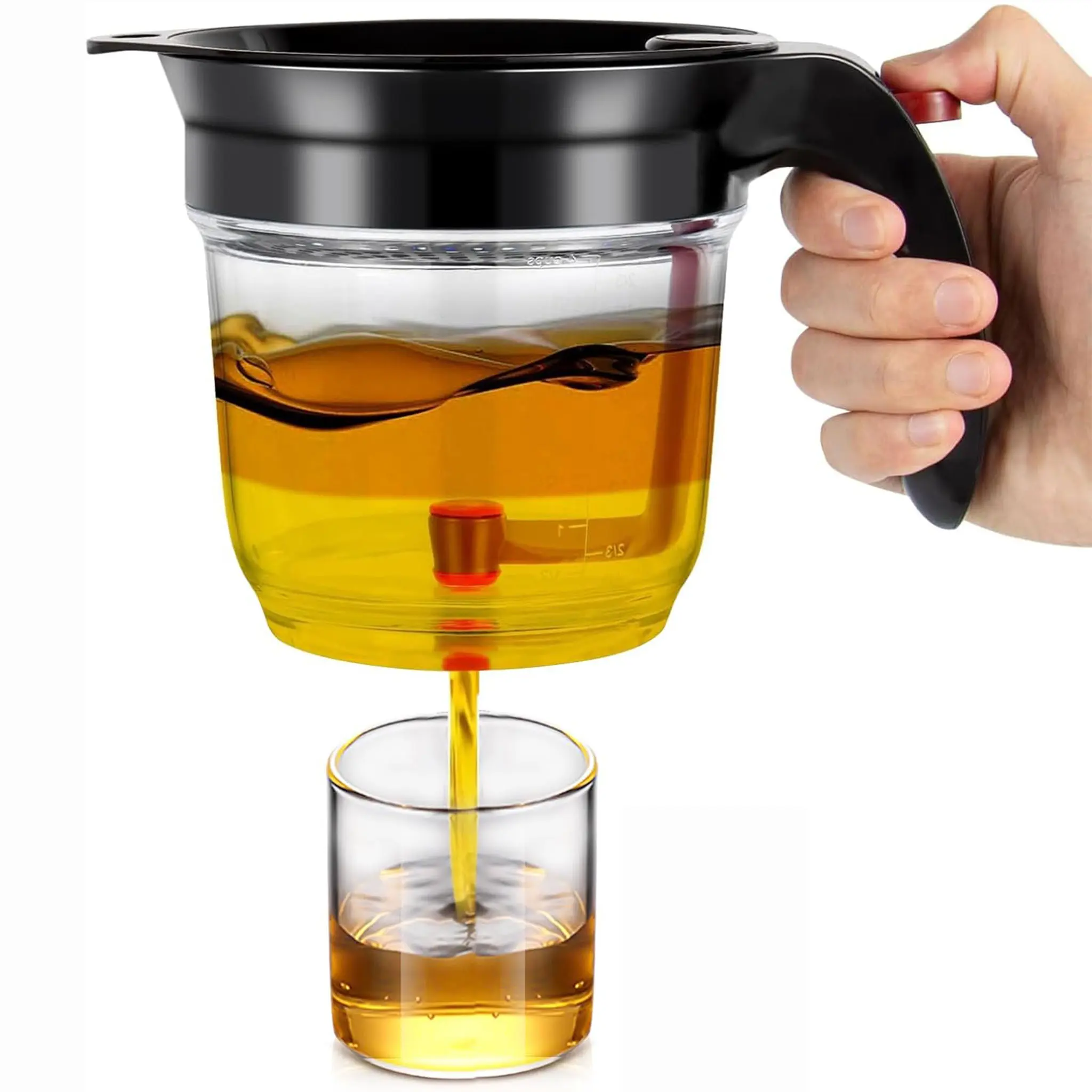 2-in-1 Transparent Gravy Fat Separator Cup - Sturdy Kitchen Utensils with Black Handle, Durable Oil & Bacon Grease Keeper, Food Colander Kitchenware with Built-in Top Strainer Lift, Easy Clean Cup for Healthy Cooking Aid, Grease Stays In Cup