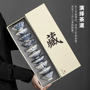 Blue and White Porcelain Douli Cup 10 Tea Cups with Draining Cup Stand Large Ceramic Kung Fu Tea Set Tasting Cup Retro Tea Cup