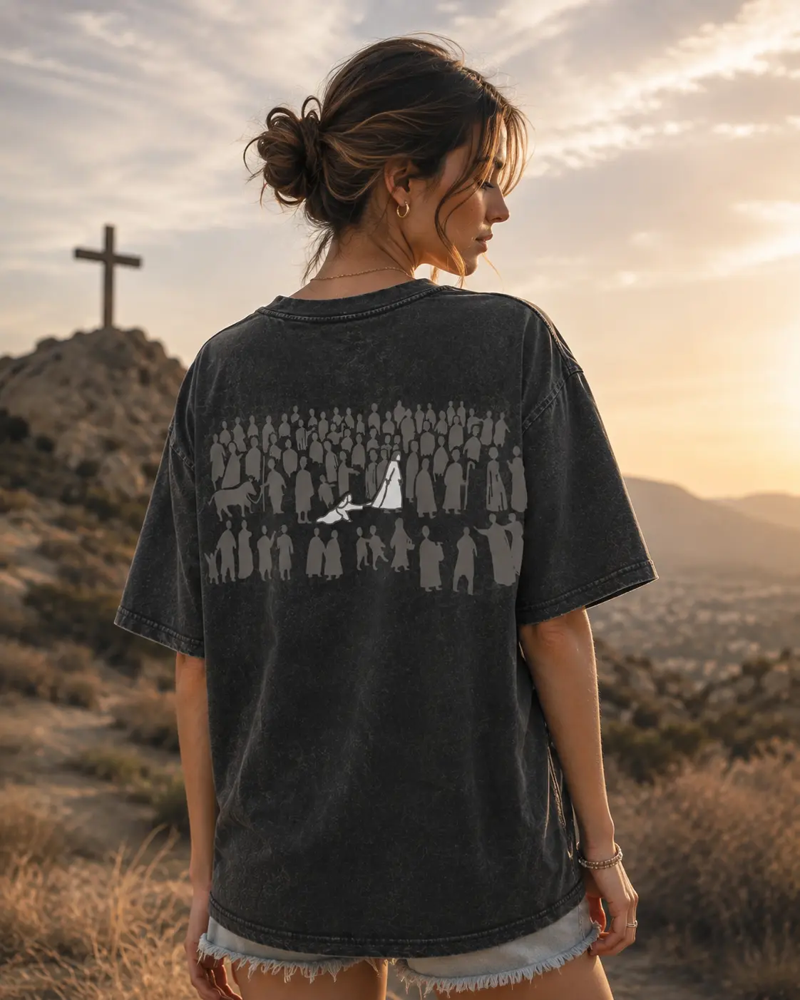 Women's Boxy Round Neck Short-Sleeve Graphic Tee - "By His Wounds We Are Healed" Cross-Print, Breathable Heavyweight Fabric, Vintage Fit Unisex Casual Religious Fall Top for Daily Wear