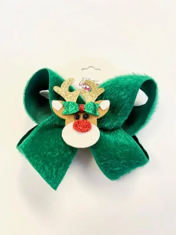 Green Fuzzy Reindeer Hair Bow with Alligator Clip - Handcrafted in Texas - High-Quality Materials - Perfect for Festive Outfits