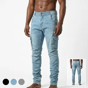 Men's Slim Fit Cargo Denim Jeans Dark Wash Stretch Poly Fabric Side Cargo Pockets Distressed Raw Hem Ankle Length Breathable Durable Comfortable High Street Streetwear Urban Casual Wear All Seasons outdoorfun