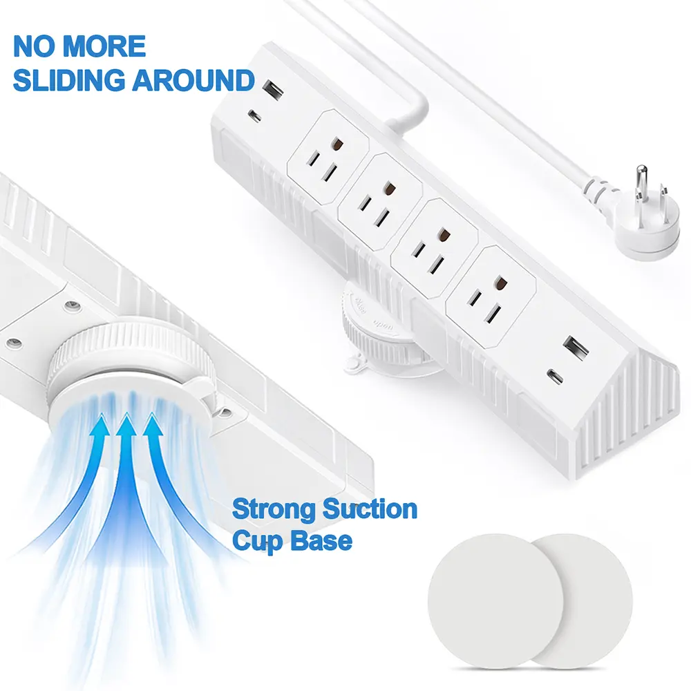DELUMU 8-in-1 Multi Plug Extender Power Strip Adapter, 4.6 FT Extension Cord, Flat Plug, Twist-Lock Suction Cup, 4 AC Outlets, 2 USB-A Slots, 2 USB-C Slots, Wide-Spaced Wall Mount, Easy Removal, Manufacturer Warranty for Home Office Desktop Devices, Manuf