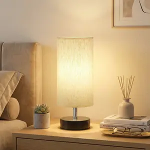 Set of 2 Nordic Small Bedside Lamps - Cylinder Linen Fabric Shade Soft Eye-Caring Warm Light, Mini Nightstand Lamps for Couple Bedroom, Bedside Reading, Japandi Aesthetic Decor - Perfect Housewarming Gift