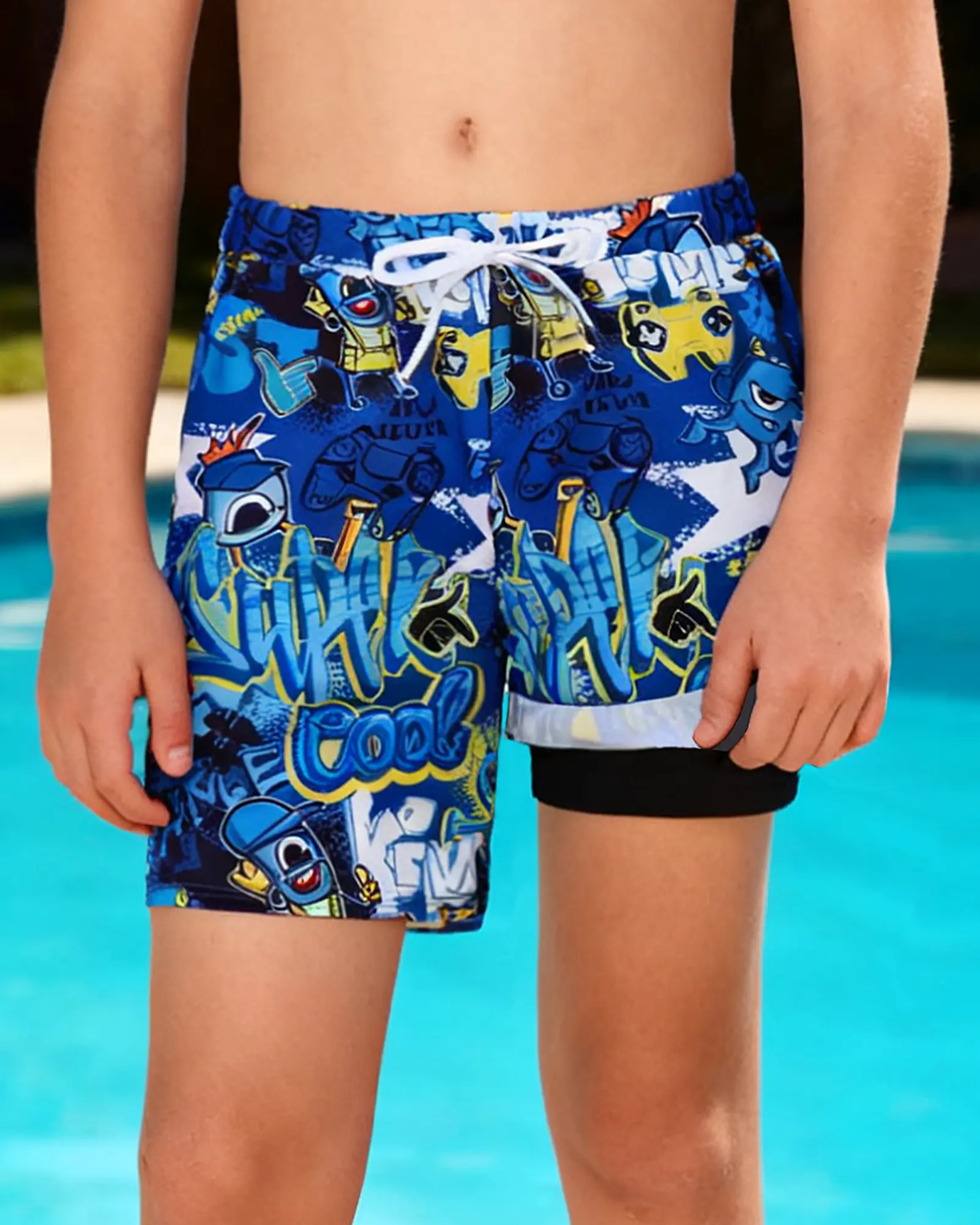 Boys' Youth Swim Trunks with Compression Liner, Quick Dry Blue Board Shorts, Big Kids' Childrens Swimwear with Shorts, 5-16Y Bathing Suit for Beach, Stretch Swim Shorts
