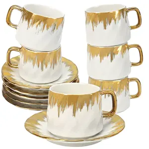 Coffee Cup Set of 6 with Saucers, 3.5 OZ Ceramic Espresso Cups, Deco Golden Turkish Coffee Cup Gift for Cappuccino, Latte, Cafe Mocha and Tea, Dishwasher & Microwave Safe (Gold Trim)