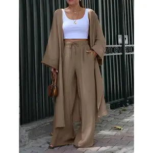 Women’s loose linen long jacket and wide-leg pants casual two-piece set, autumn top with fitted fabric sleeves