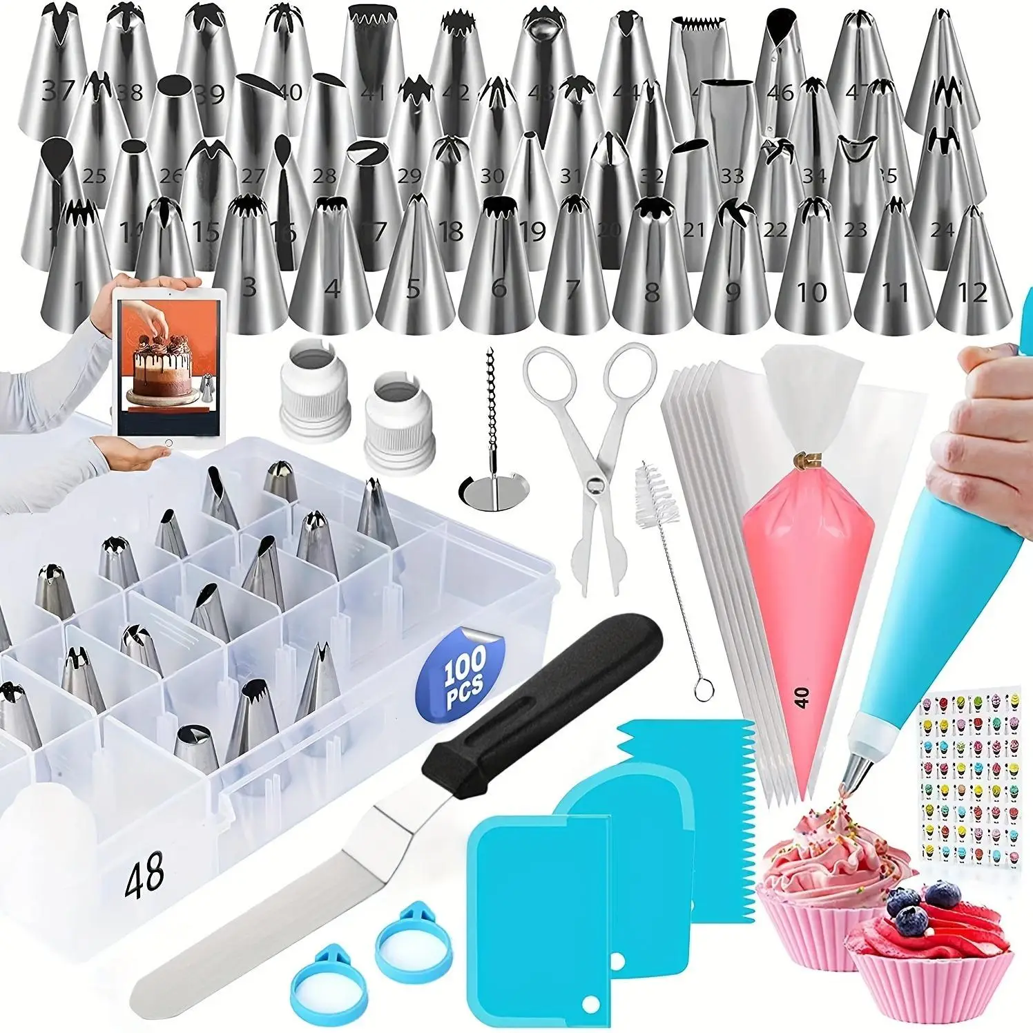 Room Decor Cake Decorating Supplies Set, 1 Set Including Piping Bag, Scraper, Icing Tip, Brush and Coupler, Stainless Steel Reusable Nozzle, Cake Deco
