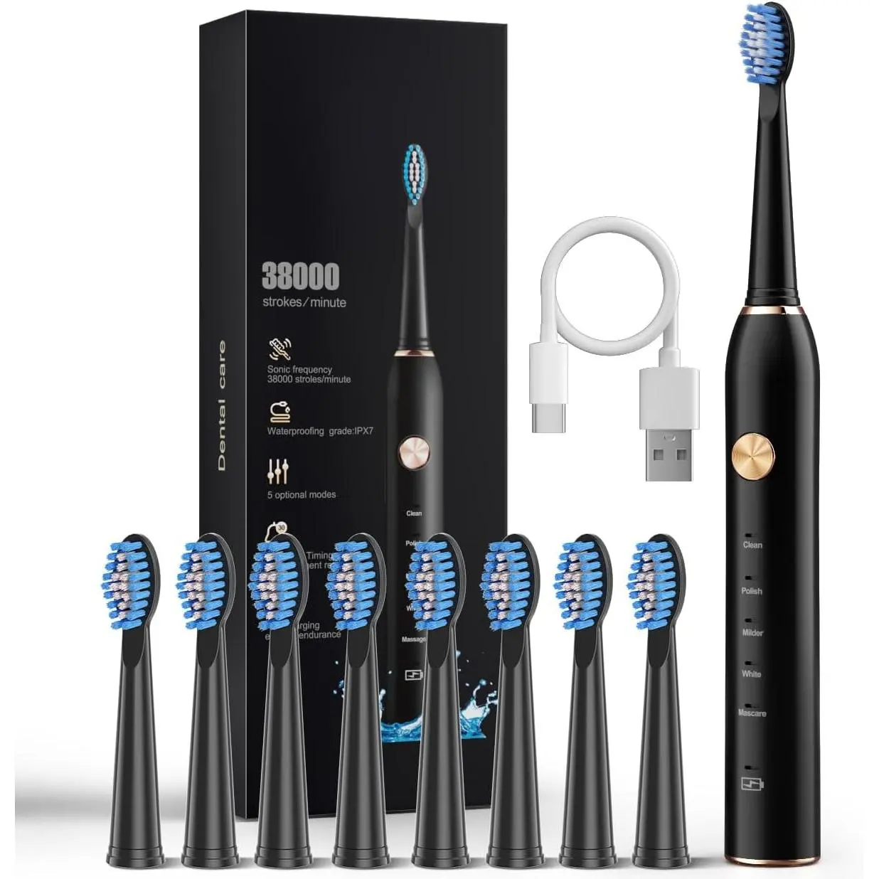 Adult Sonic Electric Toothbrush for Oral Care - IPX7 Waterproof, 38000VPM Sonic Vibration, Fast Charge, Long Battery Life, Intelligent Time Reminder, 5 Modes (Including Sensitive Mode), Sensitive-Friendly 5 W-Wave Dupont Brush Heads, Black, 5 W-Wave Brush