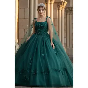Quinceanera Dress Ball Gown Cape Sleeve 3D Floral and Plus Size