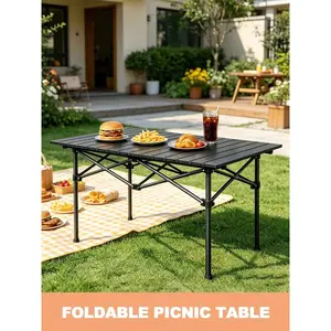 Outdoor Folding Table, Portable Camping Side Table, Patio Table With Snap-Together Design, Roll Up Rrill Table - Seats 4 & Carry Bag & Steel Frame Included, Camping Gear  For Camping, Picnic, Backyards, BBQ, Outdoor Cooking, Boat, Travel, B
