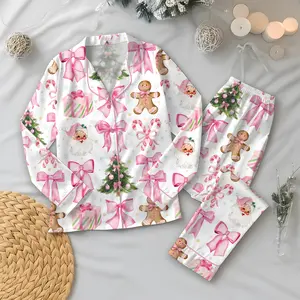 Coquette Christmas Candy Pajama Set, Cane Pink Bows Santa Christmas Tree Short Sleeve Satin Pajama Set, Pajama Nightwear Set for Her Women