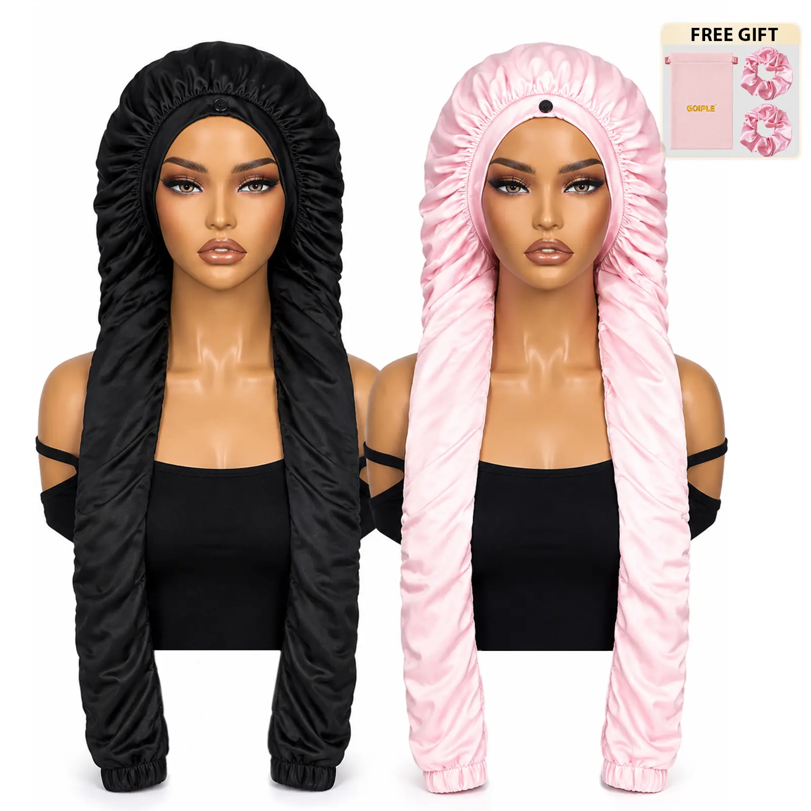 Women's 2Pcs Black & Pink Satin Pantyhose Bonnet Set - Braids & Long Hair Sleep Protection Cap with 2 Braided Ropes, Small Pink Storage Bag (Beauty & Personal Care Hair Styling Tool)