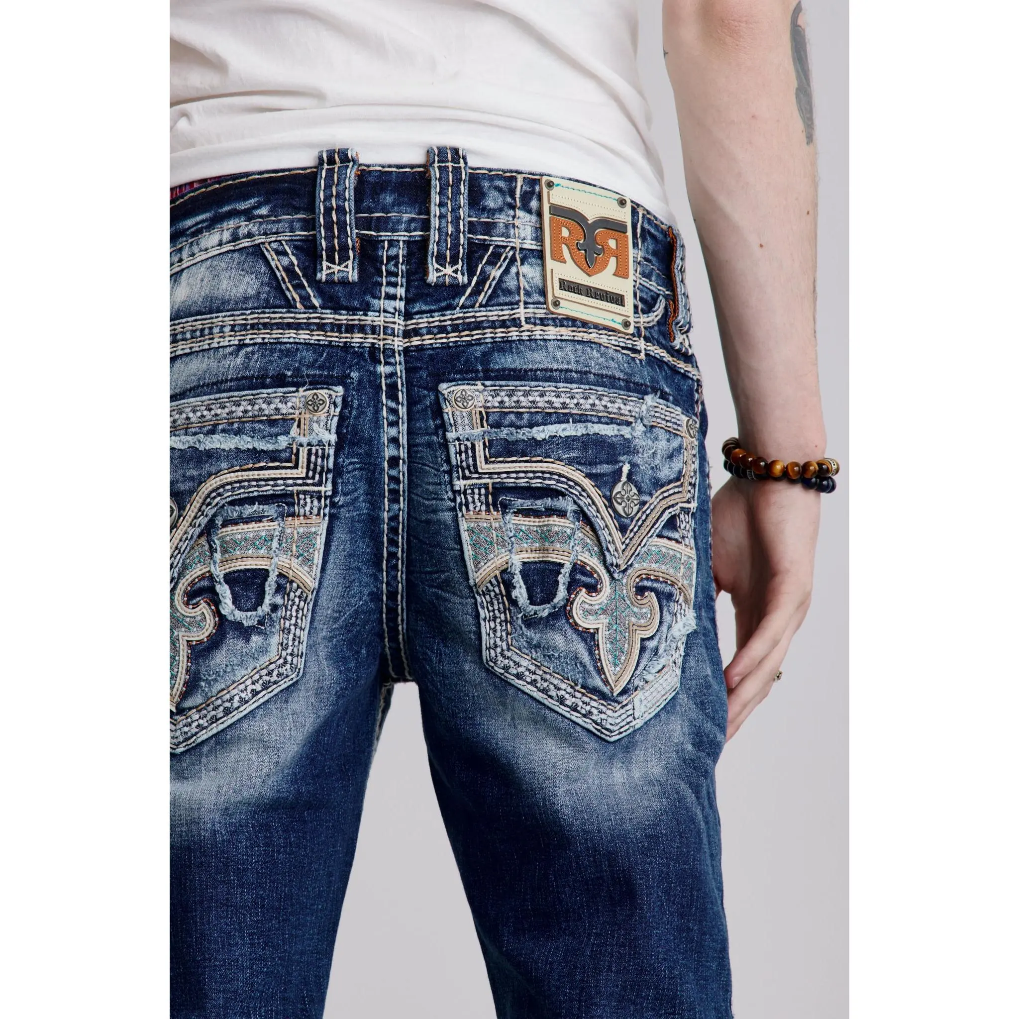 Men's Casual Zaid Bootcut Stretch Denim Jeans - Signature Fleur-de-Lis Embroidery, Leather Accents, Pewter Metal Details, Patch Adds Identity, Menswear Bottoms, Pants, Mensfashion, Pocket