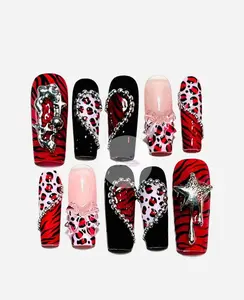 Leopard Red Y2K Nails, Red Zebra Leopard Press On Nails, Handmade Gothic Heart Rhinestone Bow Star Nail Art, Long Square Wild Animal Print Fake Nails, Cosplay, Festival or Everyday Glam