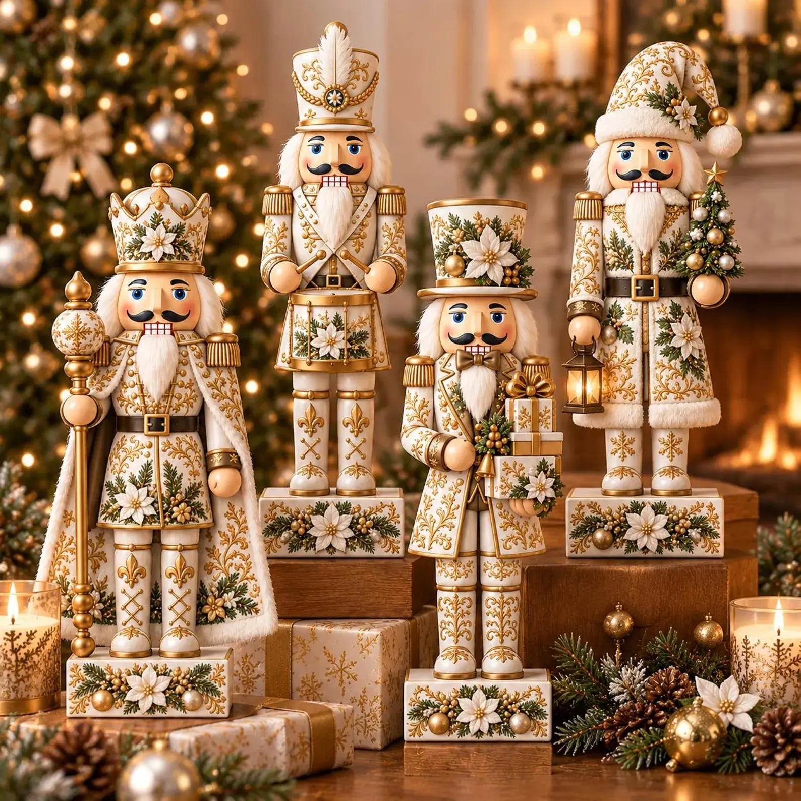 White Christmas Nutcracker Wooden Block Set, Luxury Christmas Decor, Nutcracker Figurine Set, Holiday Mantel Shelf Decoration
