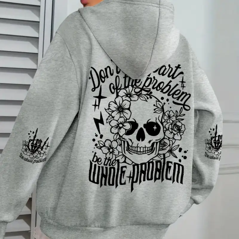Floral Rose Halloween Skull Fashion Hoodie, Loose-Fit Casual Everyday Korean Style Long Sleeve Pullover, Fall & Winter Thick Fabric, Multiple Colors Available, Hooded Top, Sweatshirts, Womenswear