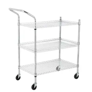 GARVEE 3 Tier Heavy Duty Rolling Utility Cart, 500Lbs Metal Service Cart with High Bar, Locking Wheels & Adjustable Steel Shelves for Restaurant/Kitchen/Warehouse