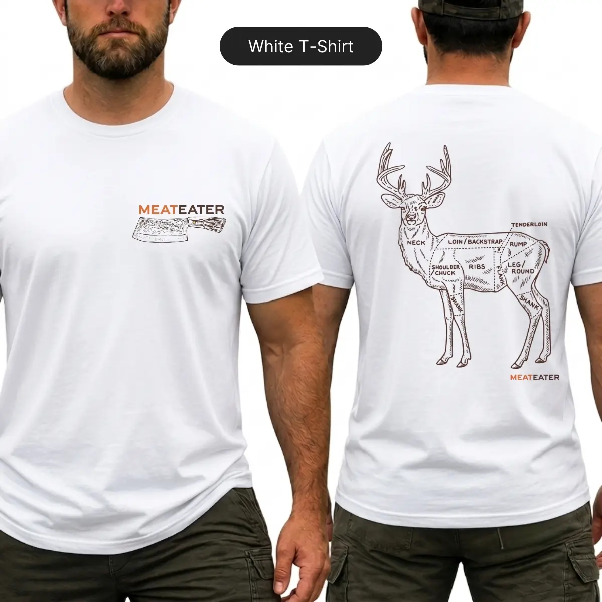 MeatEater Deer Butcher Diagram T-Shirt, Wild Game Cuts Graphic Shirt, Front Chest Logo and Large Back Print Tee, Outdoor Hunting Apparel, Hunter Butcher Gift for Men and Women
