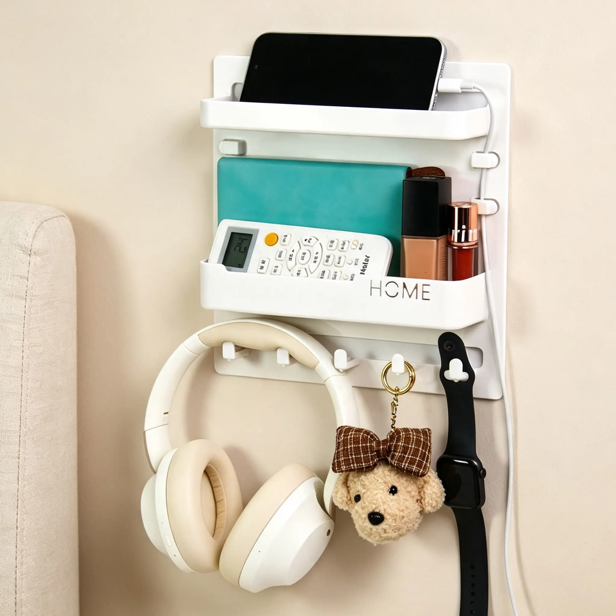 Self-Adhesive Wall-Mounted Floating Bedside Shelf Organizer - Home Supplies Shelf with Convenient Hooks, Cable Clips, Ideal for Storing Headphones, Glasses, Remote Controls, Charging Phones, Perfect for College Students’ Dorm Rooms, Convenient Hook