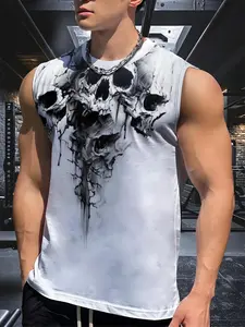 Men's Skull Pattern Sleeveless Sports Vest, Casual Fitness Wear, Workout Apparel, Summer Breathable Quick-Dry Top, Slim-Fitting Long Shirt